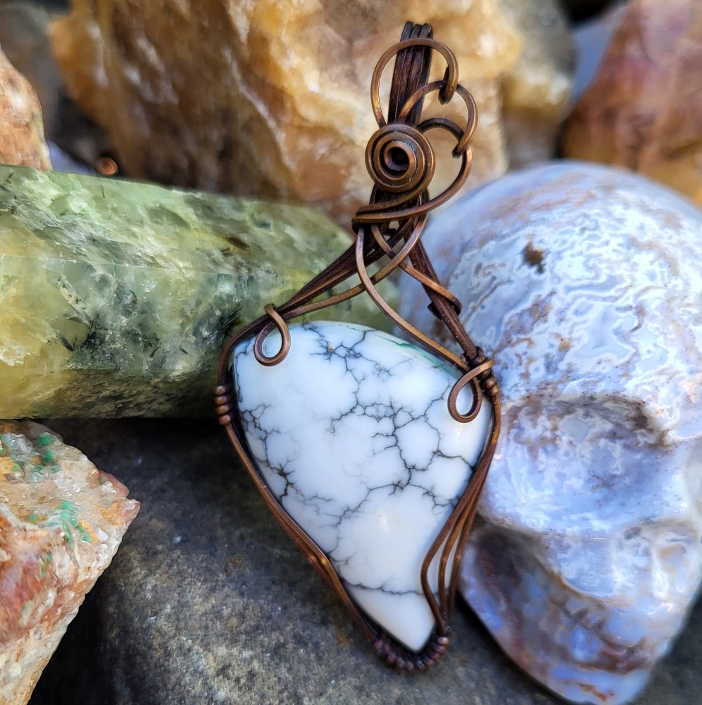 Handmade Designer Howlite Cabochon Wire Wrap Copper Pendant